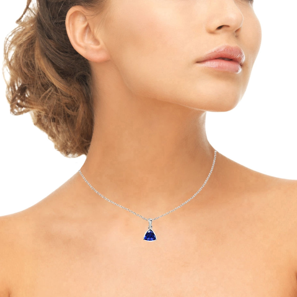 Sterling Silver Created Blue Sapphire 8mm Trillion Bezel-Set Pendant Necklace-3