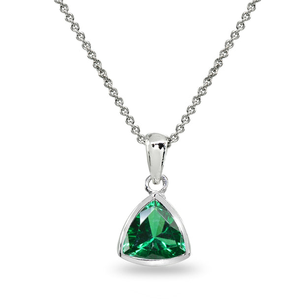 Sterling Silver Simulated Emerald 8mm Trillion Bezel-Set Dainty Pendant Necklace
