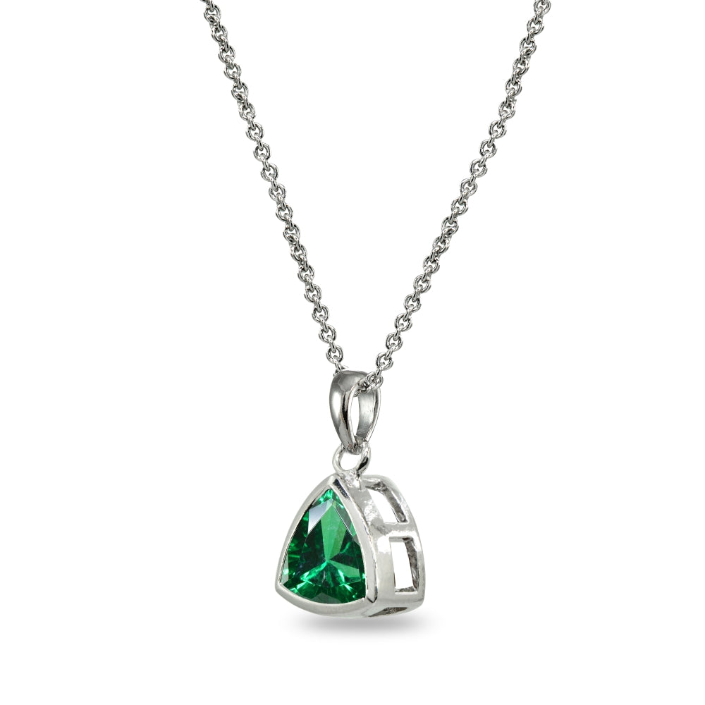 Sterling Silver Simulated Emerald 8mm Trillion Bezel-Set Dainty Pendant Necklace-2