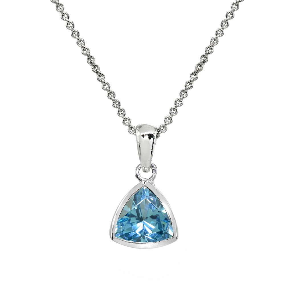 Sterling Silver Created Aquamarine 8mm Trillion Bezel-Set Pendant Necklace