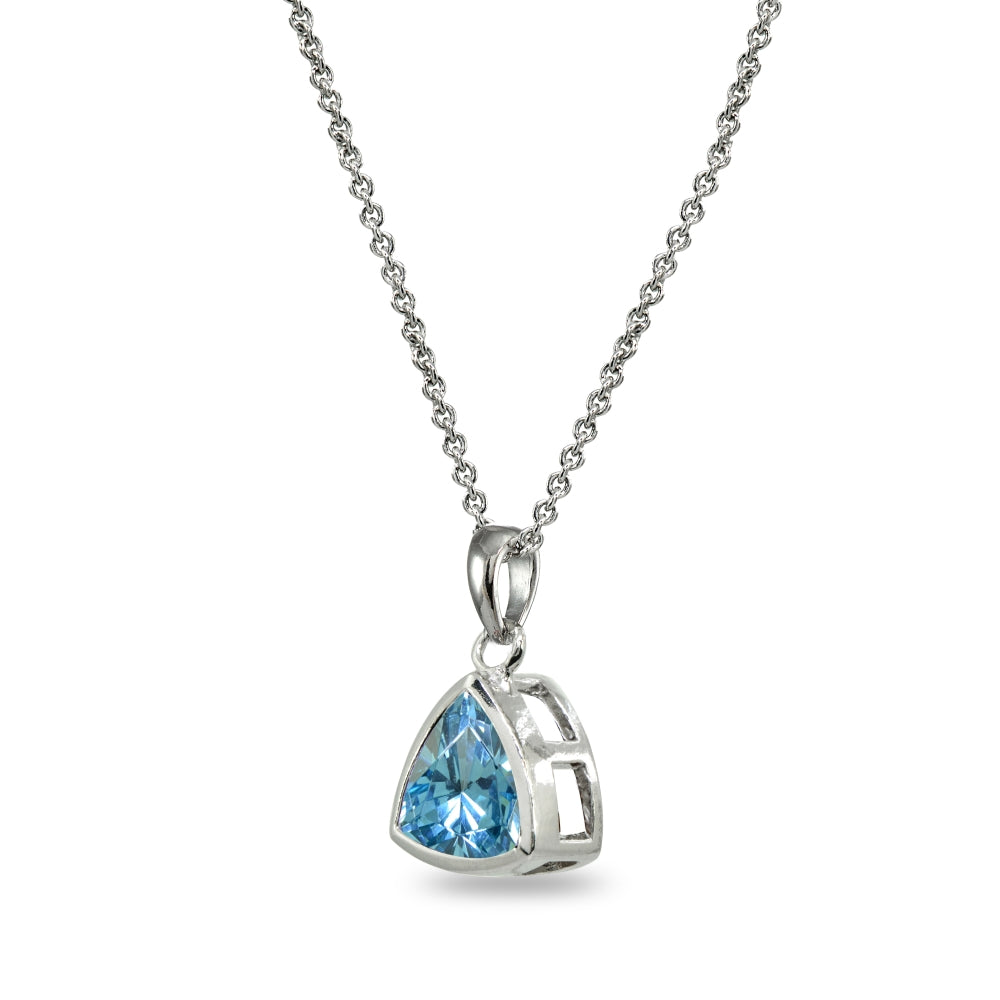 Sterling Silver Created Aquamarine 8mm Trillion Bezel-Set Pendant Necklace-2