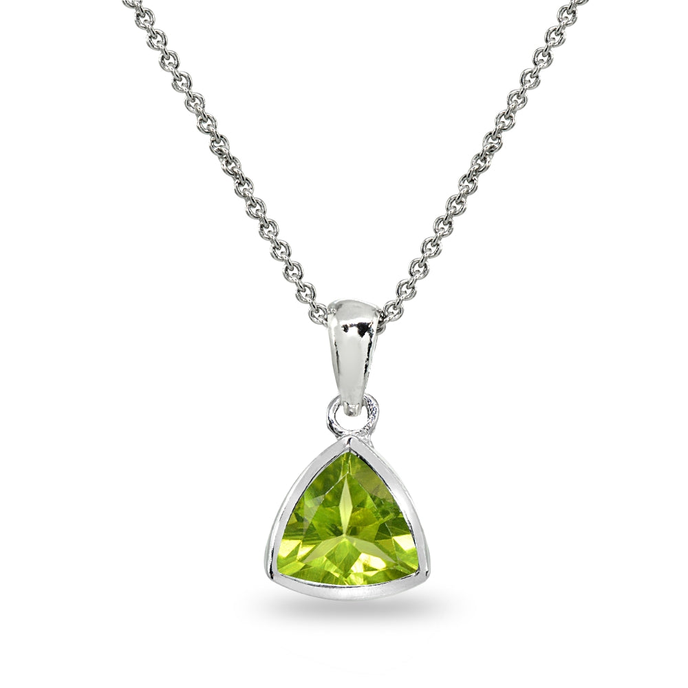 Sterling Silver Peridot 8mm Trillion Bezel-Set Dainty Pendant Necklace