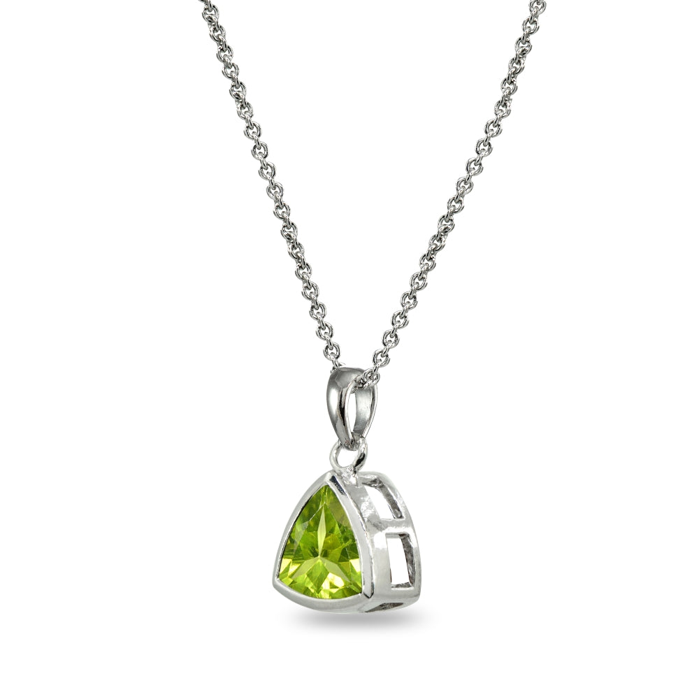 Sterling Silver Peridot 8mm Trillion Bezel-Set Dainty Pendant Necklace-2
