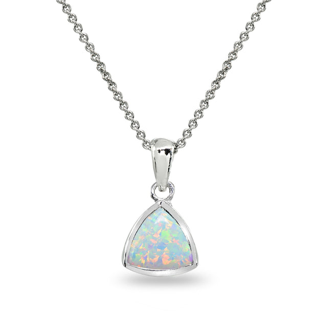 Sterling Silver Created White Opal 8mm Trillion Bezel-Set Dainty Pendant Necklace