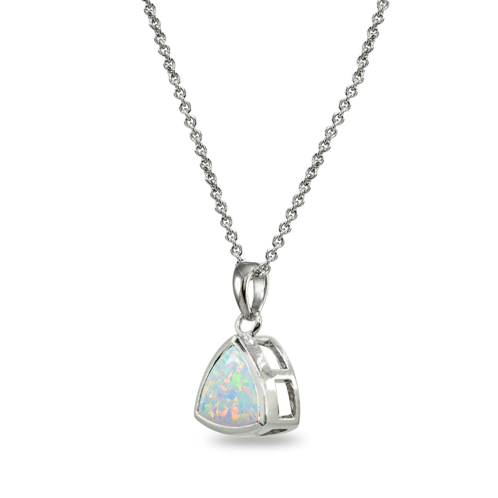 Sterling Silver Created White Opal 8mm Trillion Bezel-Set Dainty Pendant Necklace-2