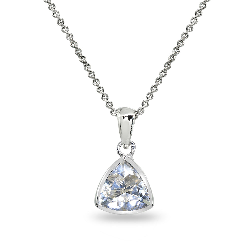 Sterling Silver Cubic Zirconia 8mm Trillion Bezel-Set Dainty Pendant Necklace
