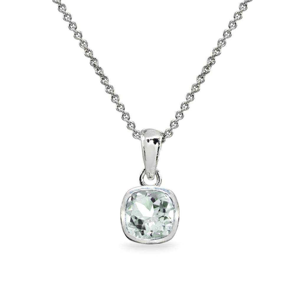 Sterling Silver Aquamarine 7mm Cushion-Cut Bezel-Set Pendant Necklace