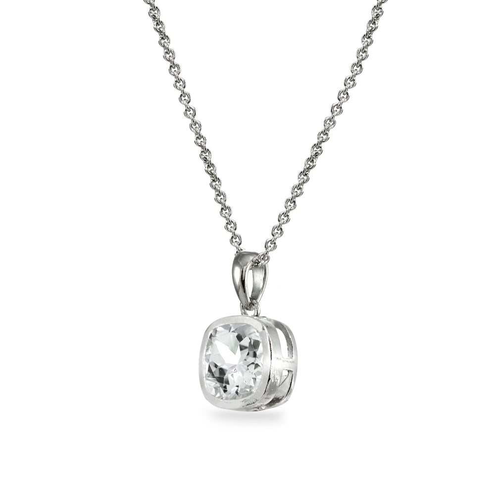 Sterling Silver Aquamarine 7mm Cushion-Cut Bezel-Set Pendant Necklace-2
