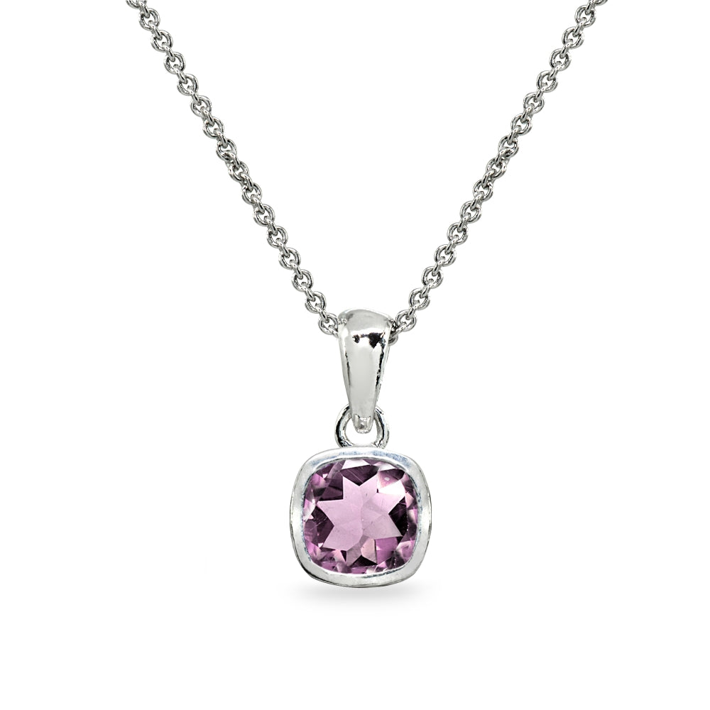 Sterling Silver Created Alexandrite 7mm Cushion-Cut Bezel-Set Pendant Necklace