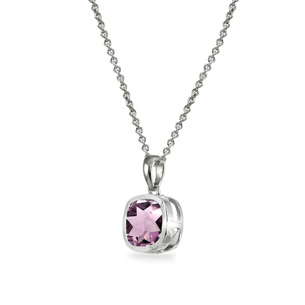 Sterling Silver Created Alexandrite 7mm Cushion-Cut Bezel-Set Pendant Necklace-2
