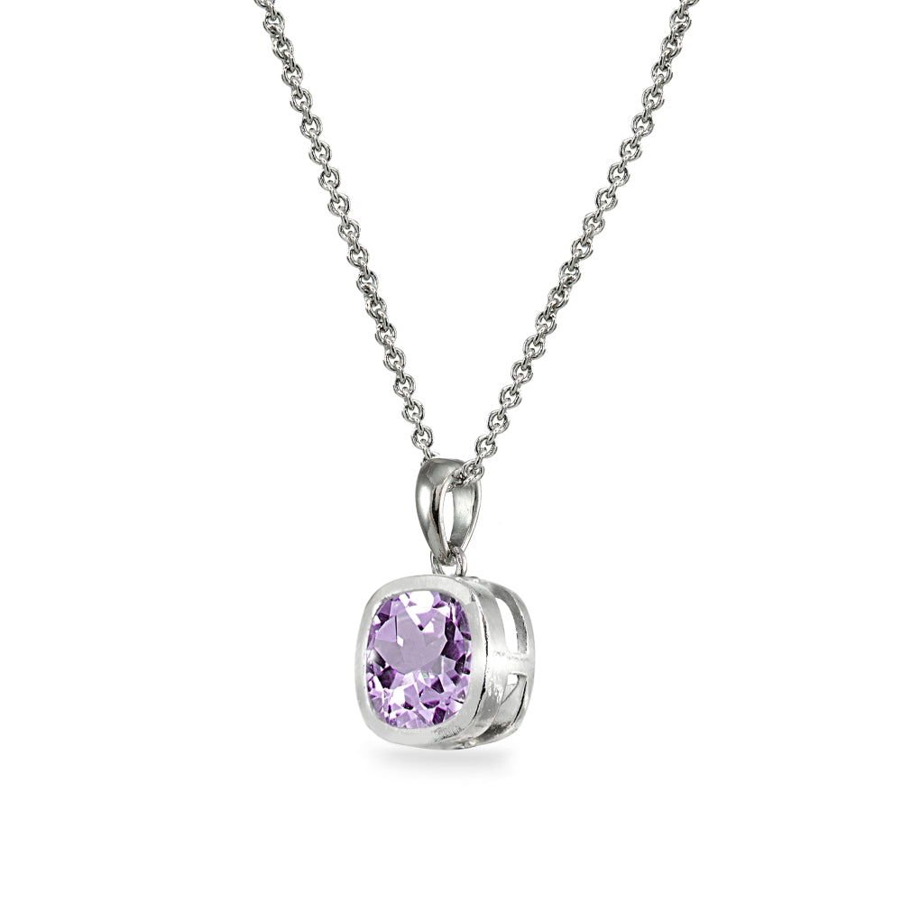 Sterling Silver Amethyst 7mm Cushion-Cut Bezel-Set Dainty Pendant Necklace-2