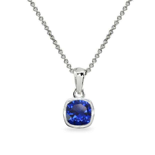 Sterling Silver Created Blue Sapphire 7mm Cushion-Cut Bezel-Set Pendant Necklace