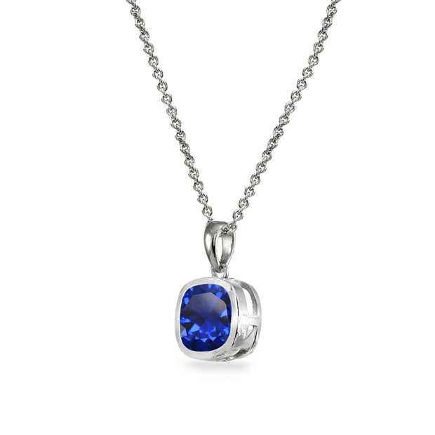 Sterling Silver Created Blue Sapphire 7mm Cushion-Cut Bezel-Set Pendant Necklace