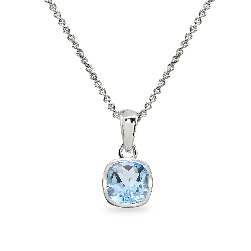 Sterling Silver Blue Topaz 7mm Cushion-Cut Bezel-Set Dainty Pendant Necklace