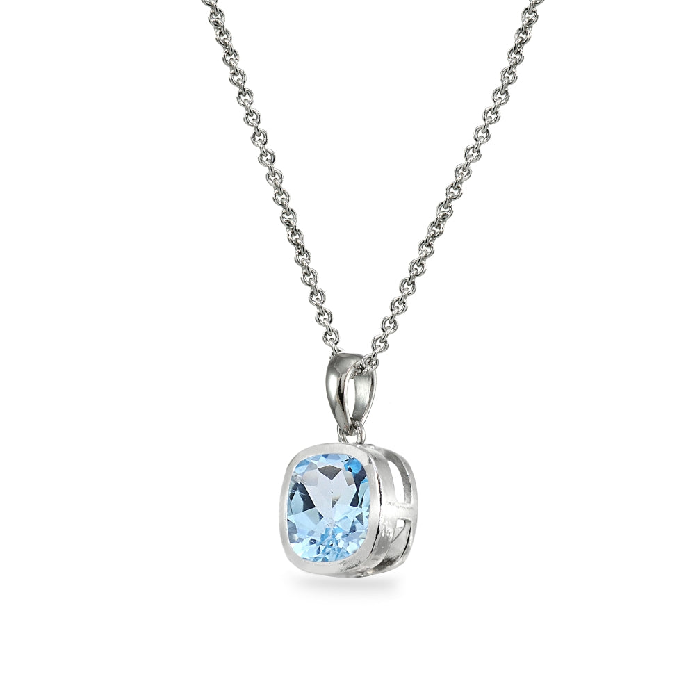 Sterling Silver Blue Topaz 7mm Cushion-Cut Bezel-Set Dainty Pendant Necklace-2