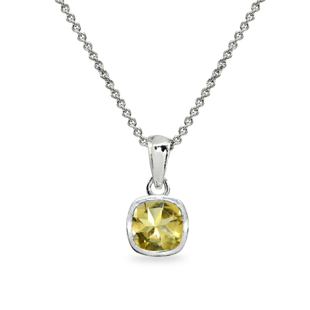 Sterling Silver Citrine 7mm Cushion-Cut Bezel-Set Dainty Pendant Necklace