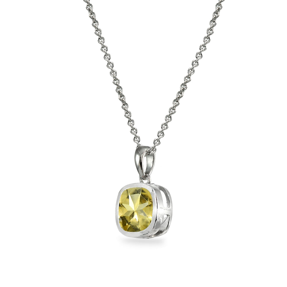Sterling Silver Citrine 7mm Cushion-Cut Bezel-Set Dainty Pendant Necklace-2