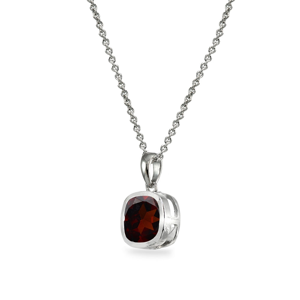 Sterling Silver Garnet 7mm Cushion-Cut Bezel-Set Dainty Pendant Necklace-2