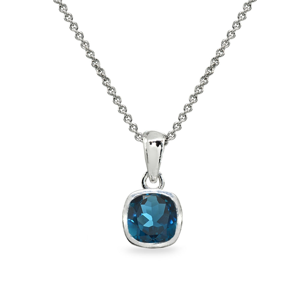 Sterling Silver London Blue Topaz 7mm Cushion-Cut Bezel-Set Dainty Pendant Necklace