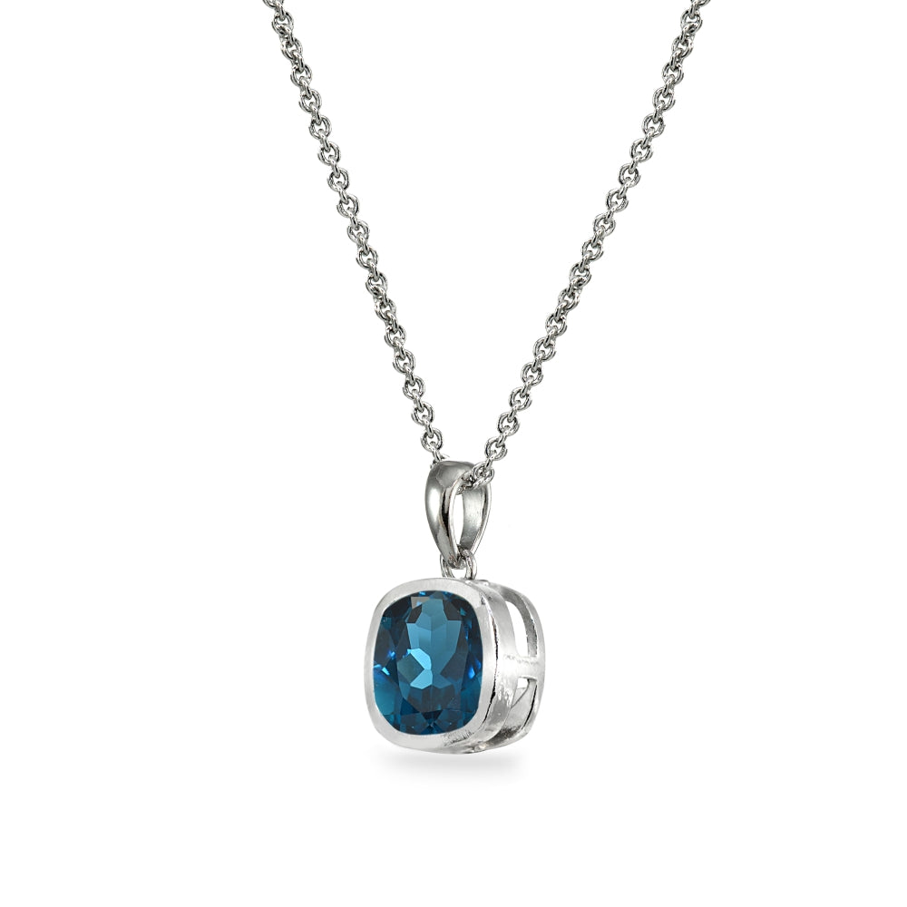 Sterling Silver London Blue Topaz 7mm Cushion-Cut Bezel-Set Dainty Pendant Necklace-2