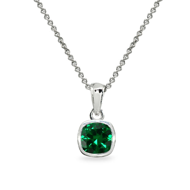 Sterling Silver Simulated Emerald 7mm Cushion-Cut Bezel-Set Dainty Pendant Necklace