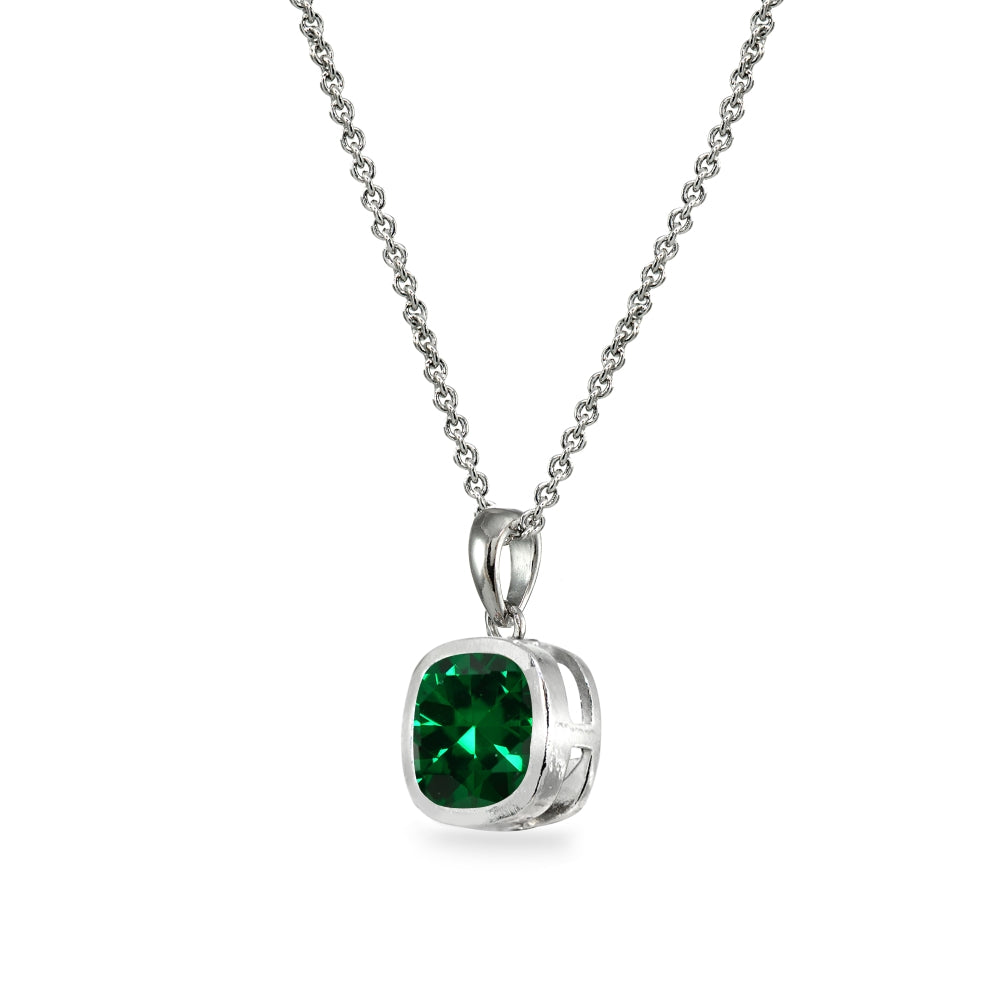 Sterling Silver Simulated Emerald 7mm Cushion-Cut Bezel-Set Dainty Pendant Necklace-2