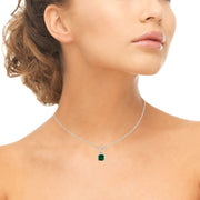 Sterling Silver Simulated Emerald 7mm Cushion-Cut Bezel-Set Dainty Pendant Necklace