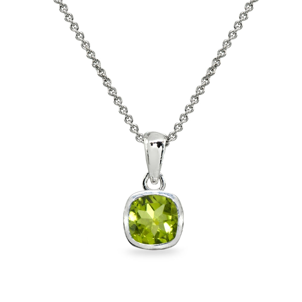 Sterling Silver Peridot 7mm Cushion-Cut Bezel-Set Dainty Pendant Necklace