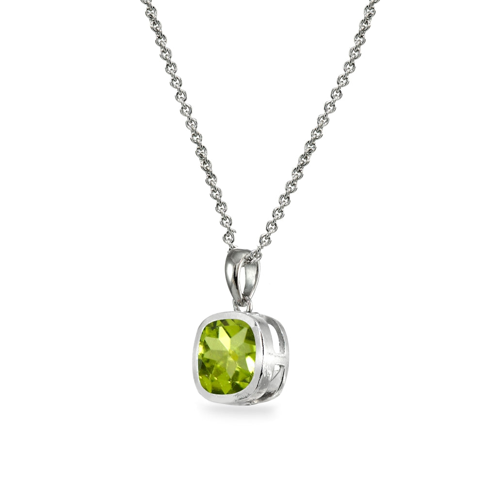 Sterling Silver Peridot 7mm Cushion-Cut Bezel-Set Dainty Pendant Necklace-2
