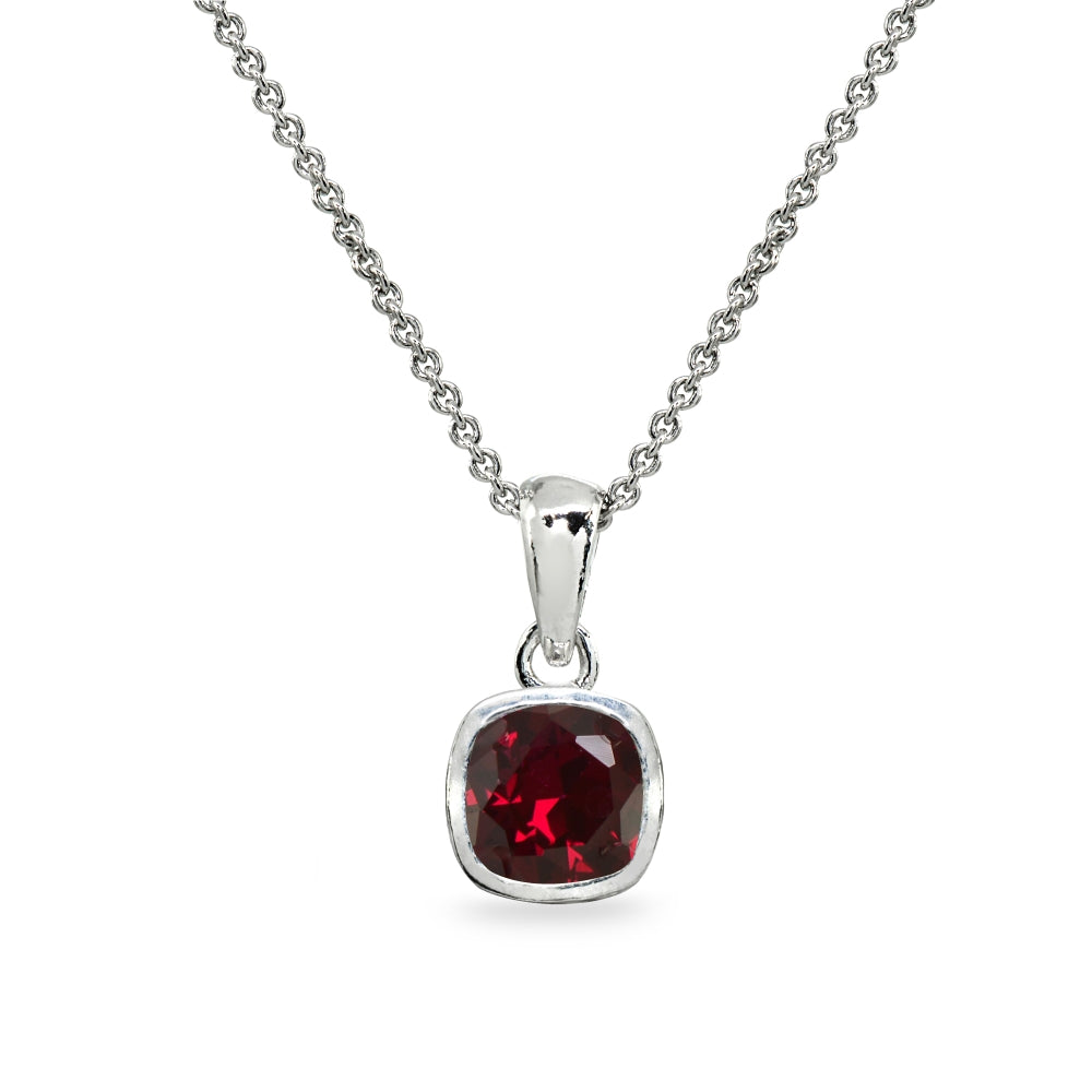 Sterling Silver Created Ruby 7mm Cushion-Cut Bezel-Set Dainty Pendant Necklace