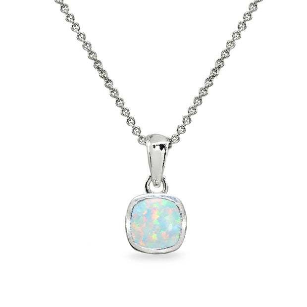 Sterling Silver Created White Opal 7mm Cushion-Cut Bezel-Set Dainty Pendant Necklace