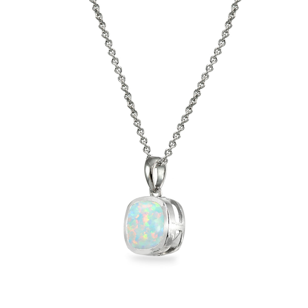 Sterling Silver Created White Opal 7mm Cushion-Cut Bezel-Set Dainty Pendant Necklace-2