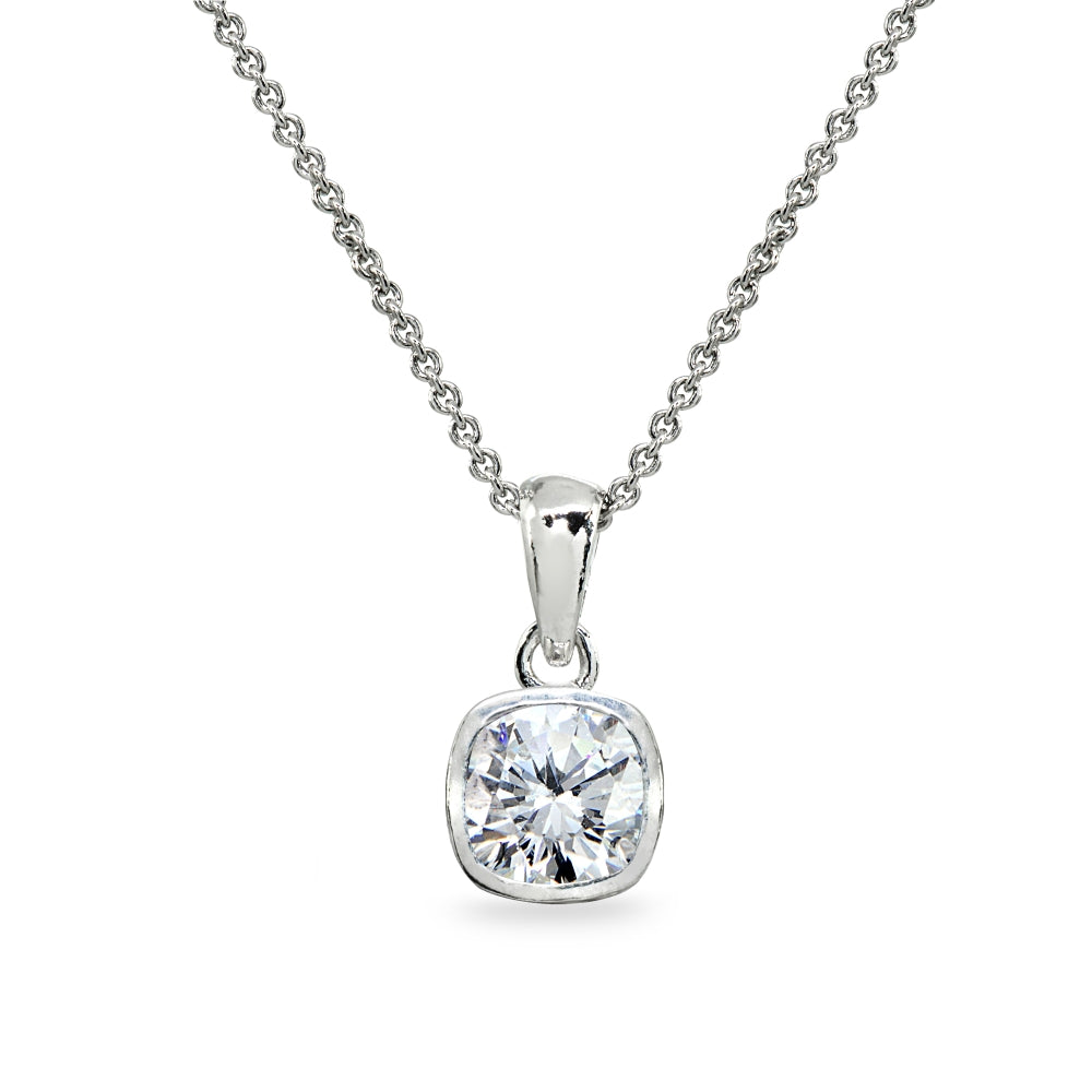 Sterling Silver Cubic Zirconia 7mm Cushion-Cut Bezel-Set Dainty Pendant Necklace