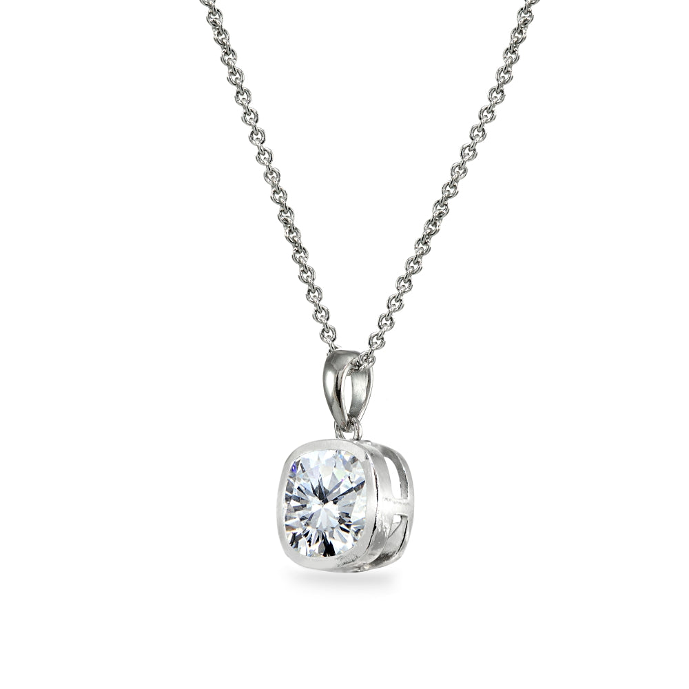 Sterling Silver Cubic Zirconia 7mm Cushion-Cut Bezel-Set Dainty Pendant Necklace-2