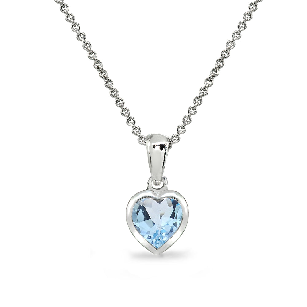 Sterling Silver Blue Topaz 7mm Heart Bezel-Set Dainty Pendant Necklace