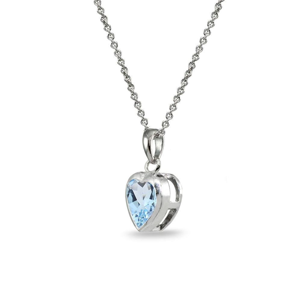 Sterling Silver Blue Topaz 7mm Heart Bezel-Set Dainty Pendant Necklace-2