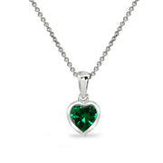 Sterling Silver Simulated Emerald 7mm Heart Bezel-Set Dainty Pendant Necklace