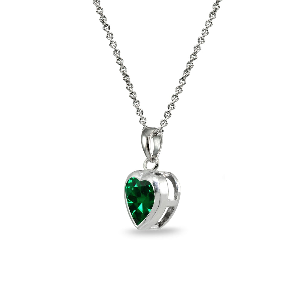 Sterling Silver Simulated Emerald 7mm Heart Bezel-Set Dainty Pendant Necklace-2