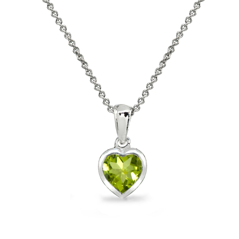 Sterling Silver Peridot 7mm Heart Bezel-Set Dainty Pendant Necklace