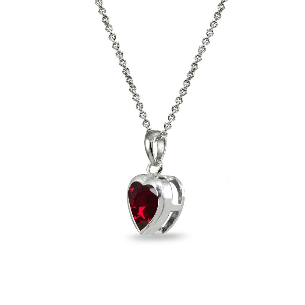 Sterling Silver Created Ruby 7mm Heart Bezel-Set Dainty Pendant Necklace-2