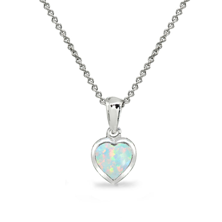 Sterling Silver Created White Opal 7mm Heart Bezel-Set Dainty Pendant Necklace