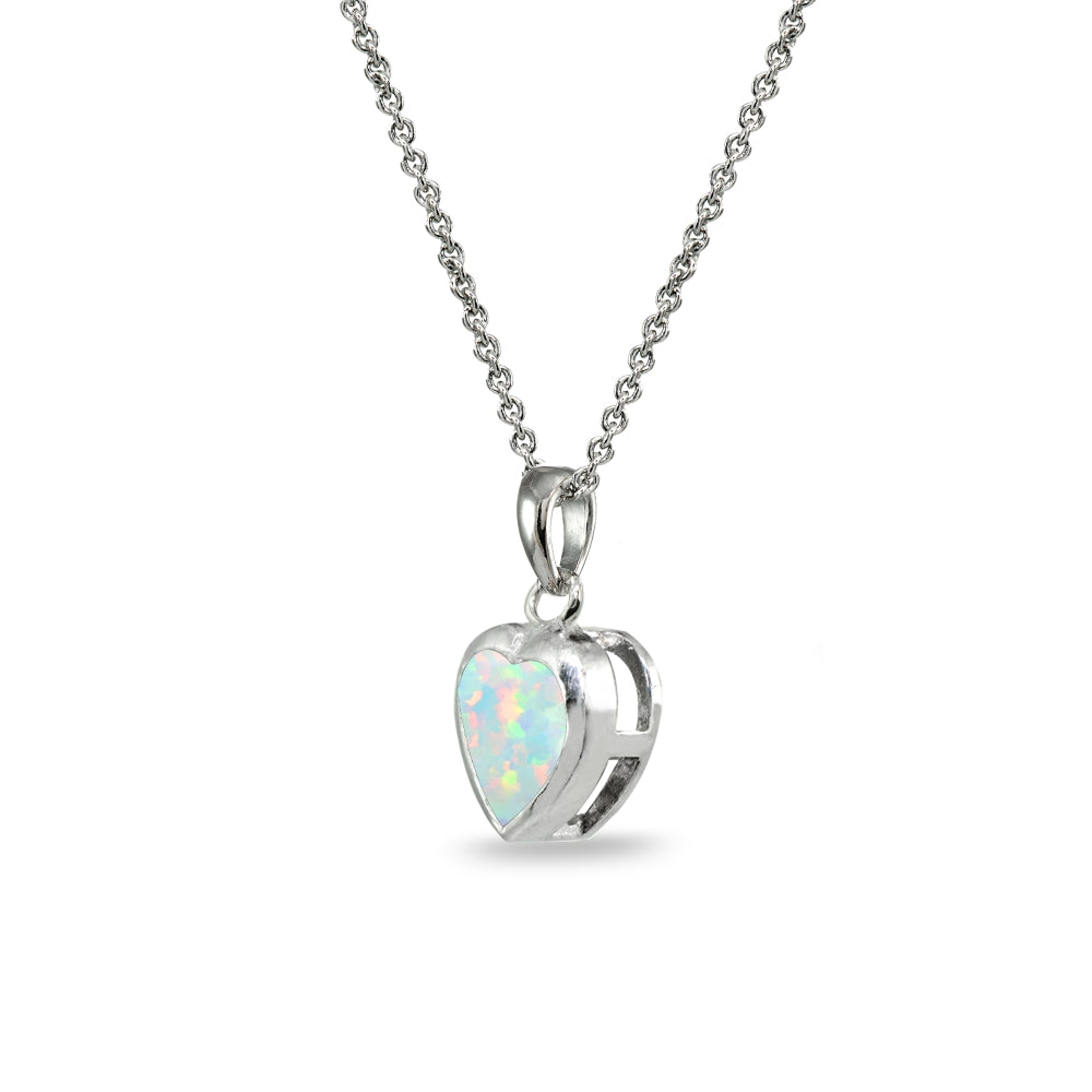 Sterling Silver Created White Opal 7mm Heart Bezel-Set Dainty Pendant Necklace-2