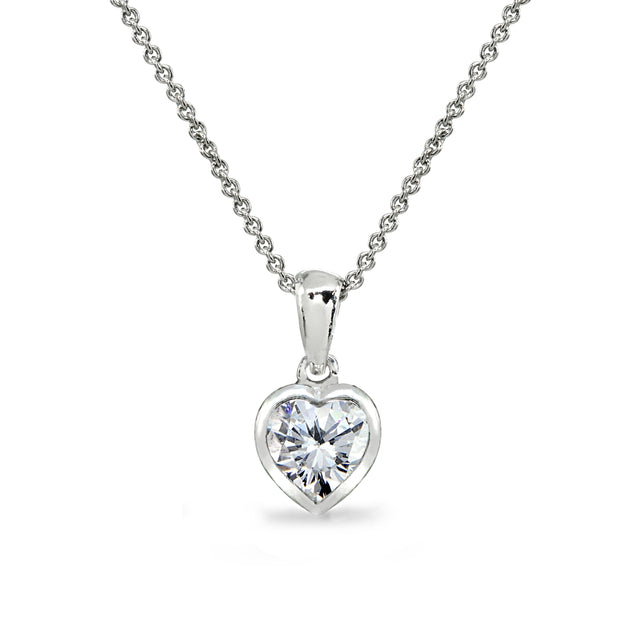 Sterling Silver Cubic Zirconia 7mm Heart Bezel-Set Dainty Pendant Necklace