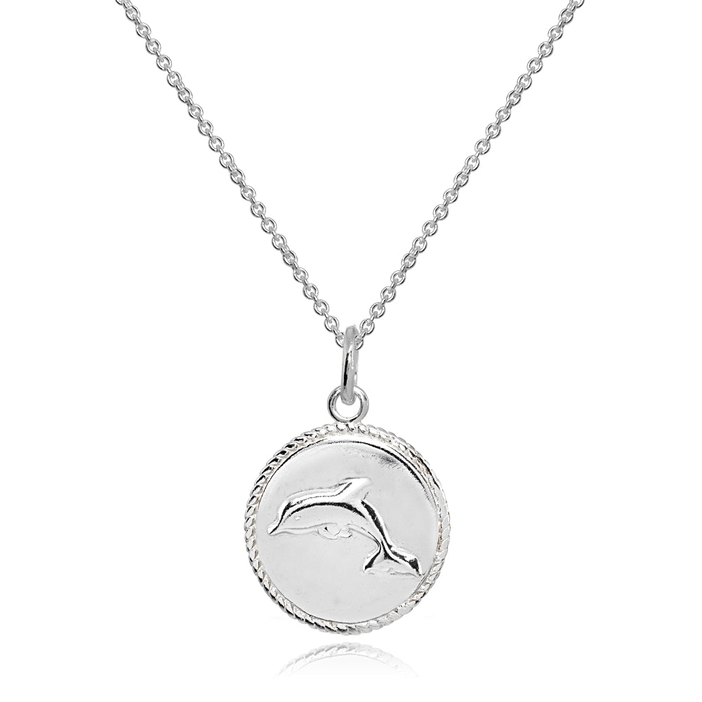 Sterling Silver Polished Dolphin Animal Medallion Coin Round Pendant Necklace