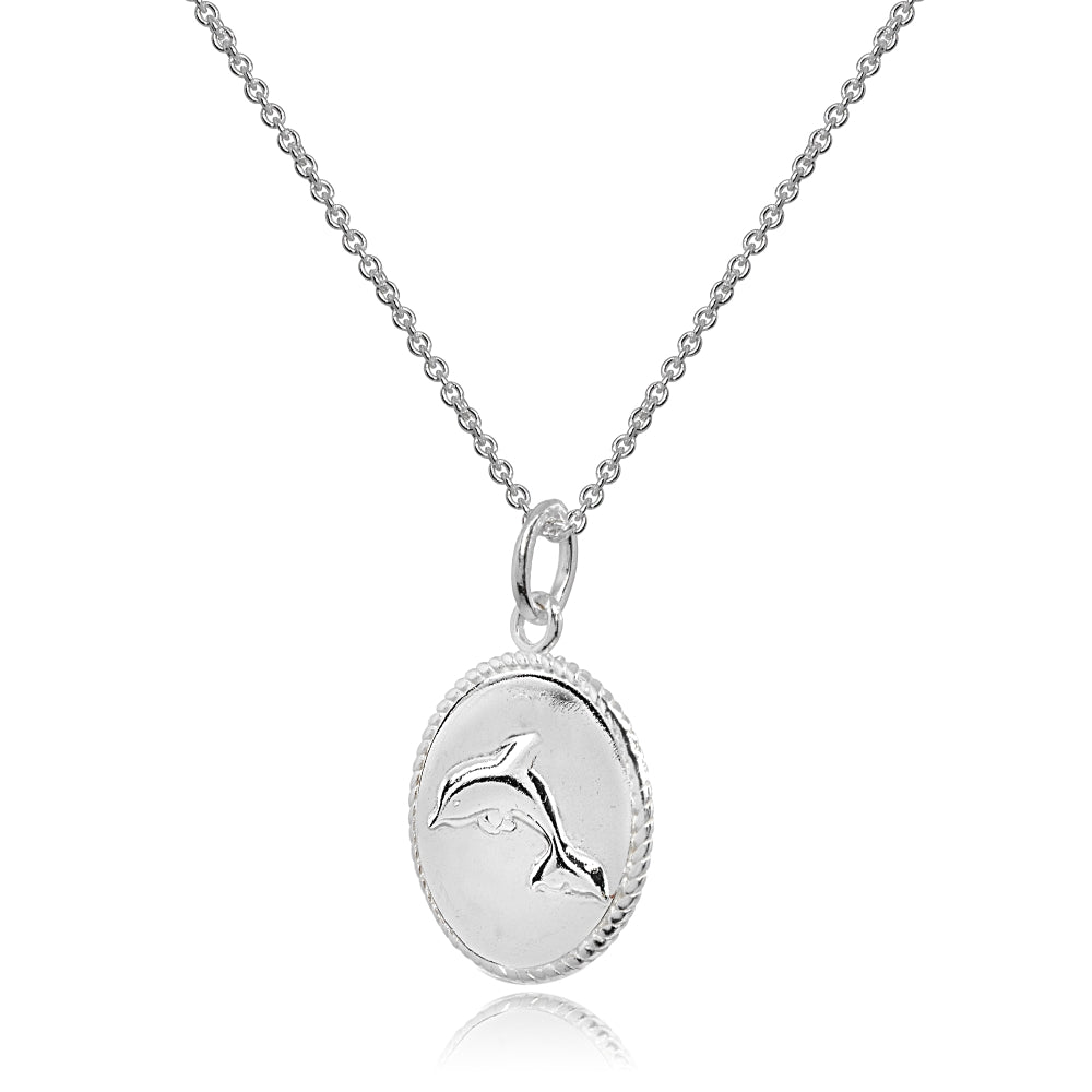 Sterling Silver Polished Dolphin Animal Medallion Coin Round Pendant Necklace-2