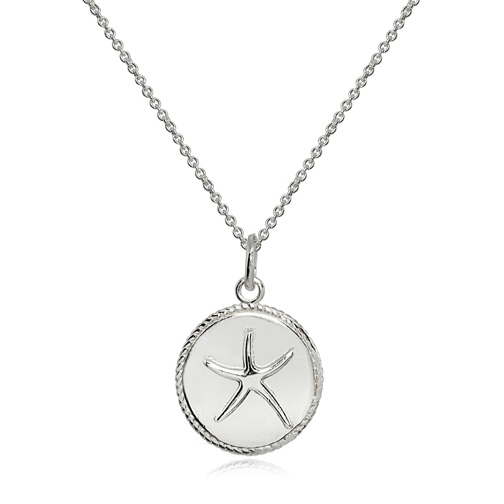 Sterling Silver Polished Sea Starfish Medallion Coin Round Pendant Necklace