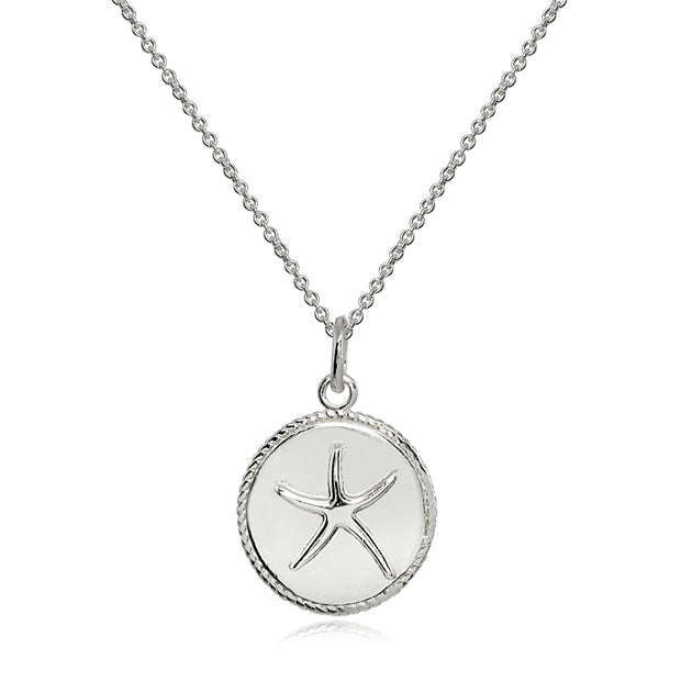 Sterling Silver Polished Sea Starfish Medallion Coin Round Pendant Necklace