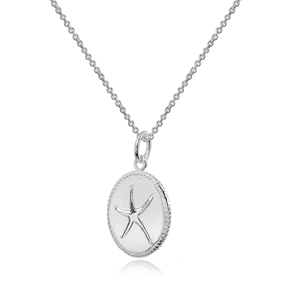 Sterling Silver Polished Sea Starfish Medallion Coin Round Pendant Necklace-2