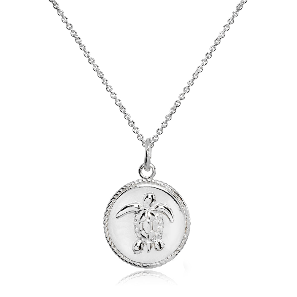 Sterling Silver Polished Sea Turtle Medallion Coin Round Pendant Necklace