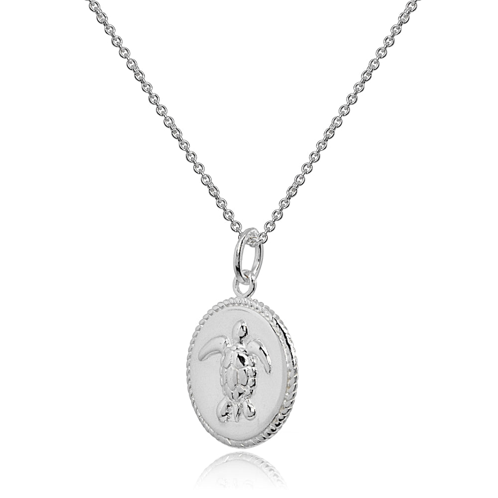 Sterling Silver Polished Sea Turtle Medallion Coin Round Pendant Necklace-2